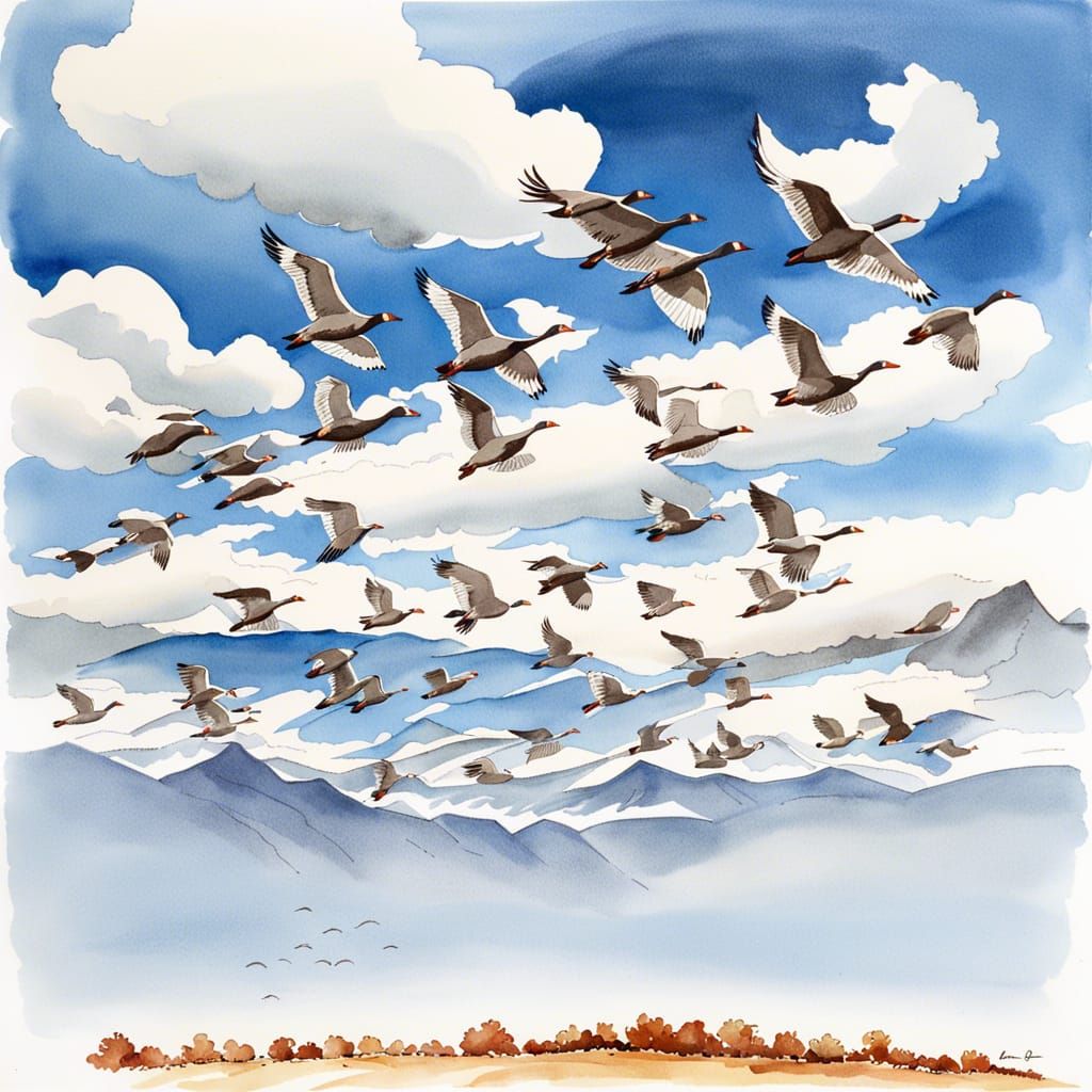 Greylag Geese Migration: Watercolor and Ink Autumn Scene