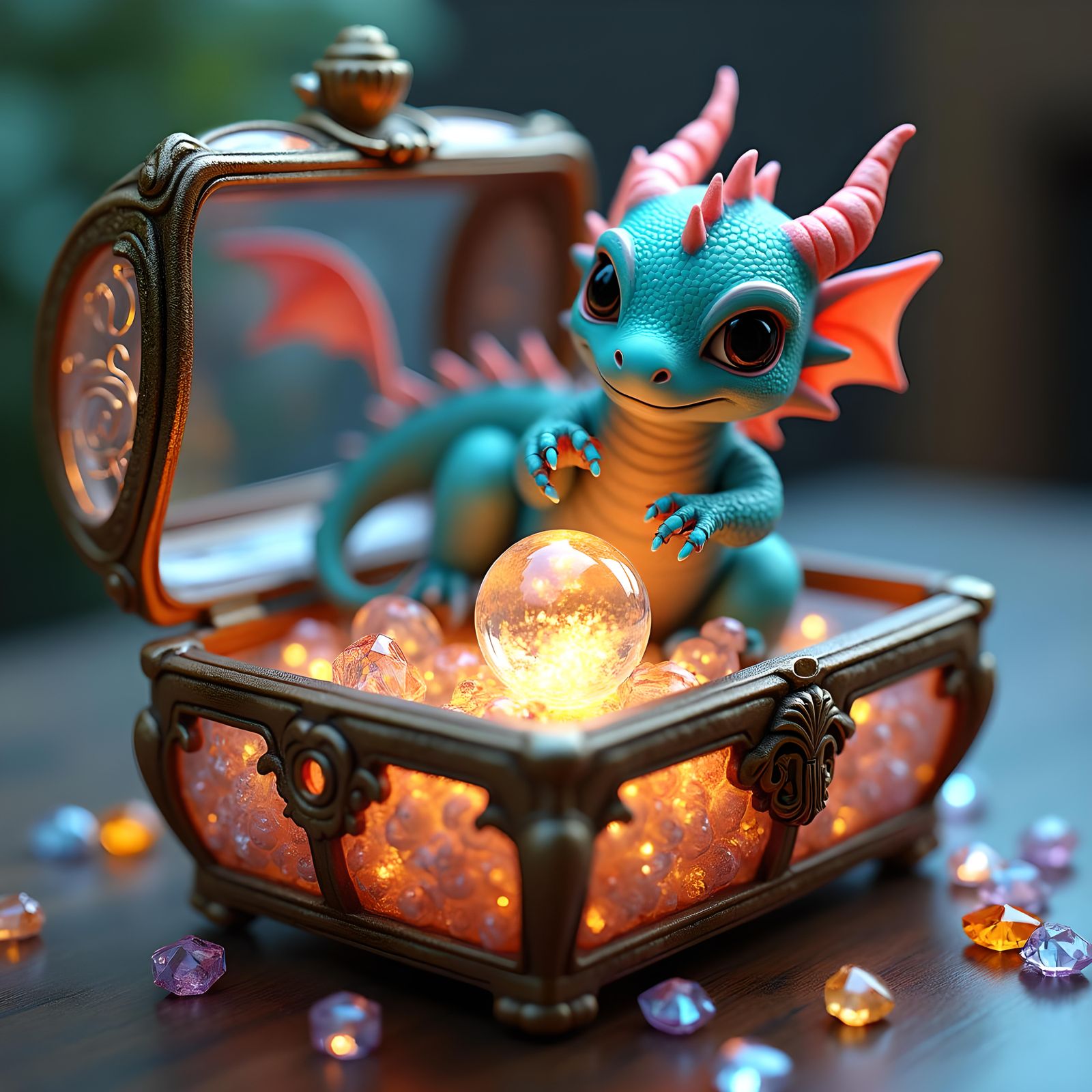 Miniature Dragon Shimmers in Jewel-Filled Box