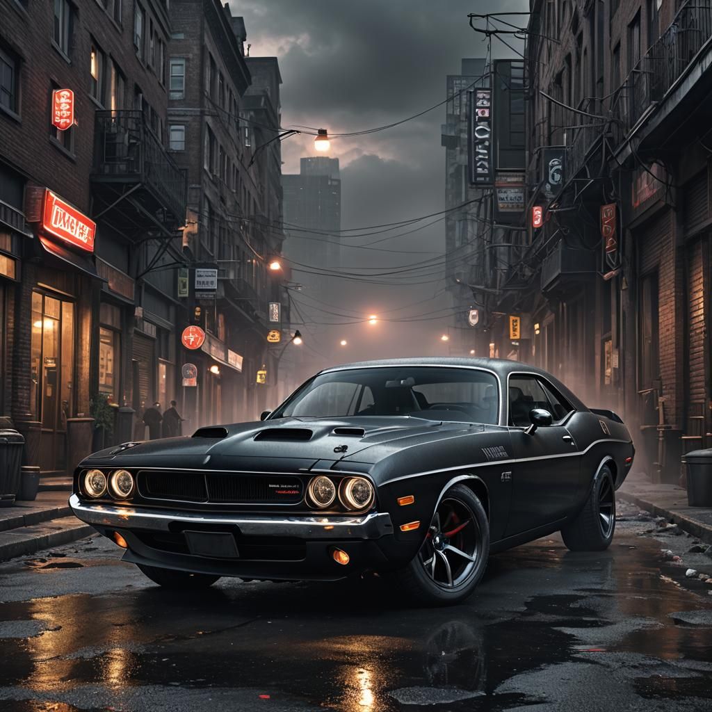 Hyperrealistic Dodge Challenger in Dark Fantasy Style