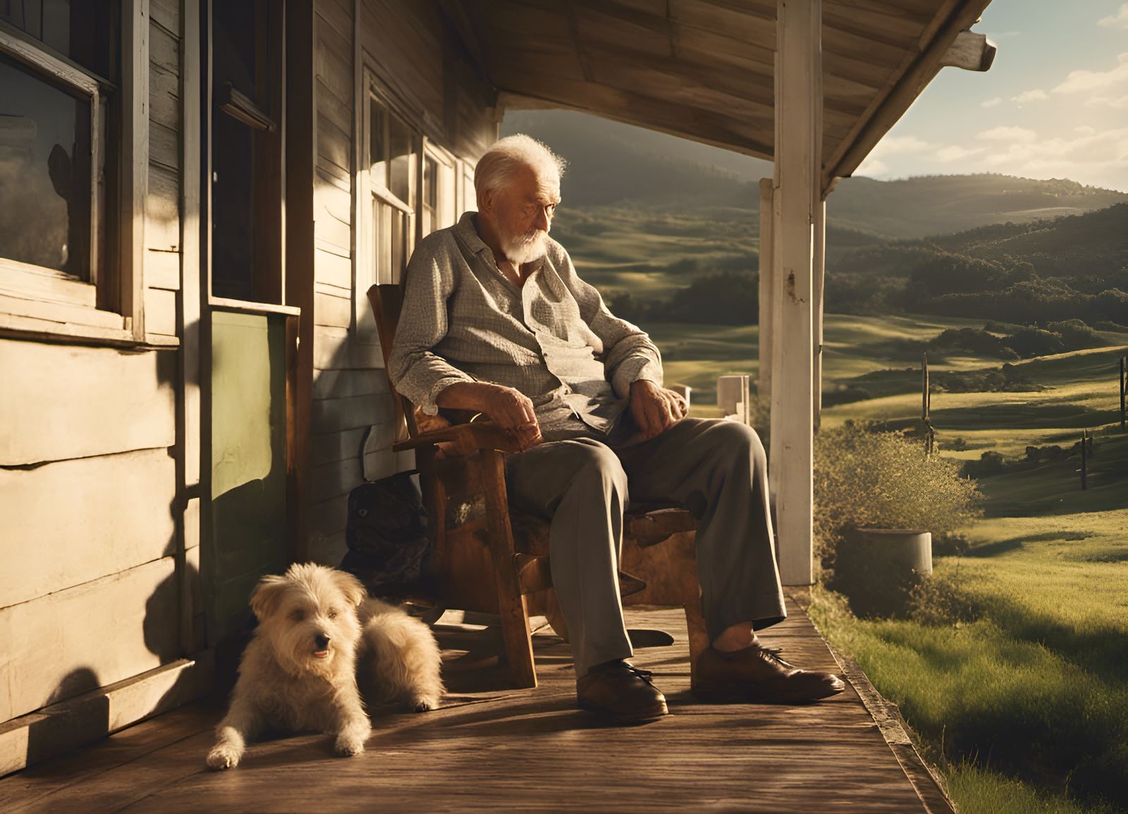 Peaceful Verandah Scene with Old Man and Dog