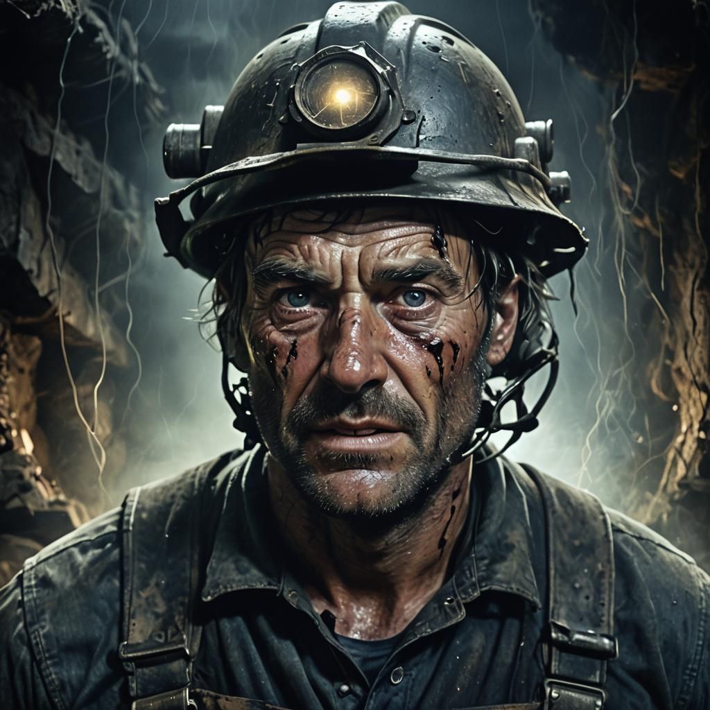 Sinister Miner Portrait in Surrealist Fantasy Horror Style