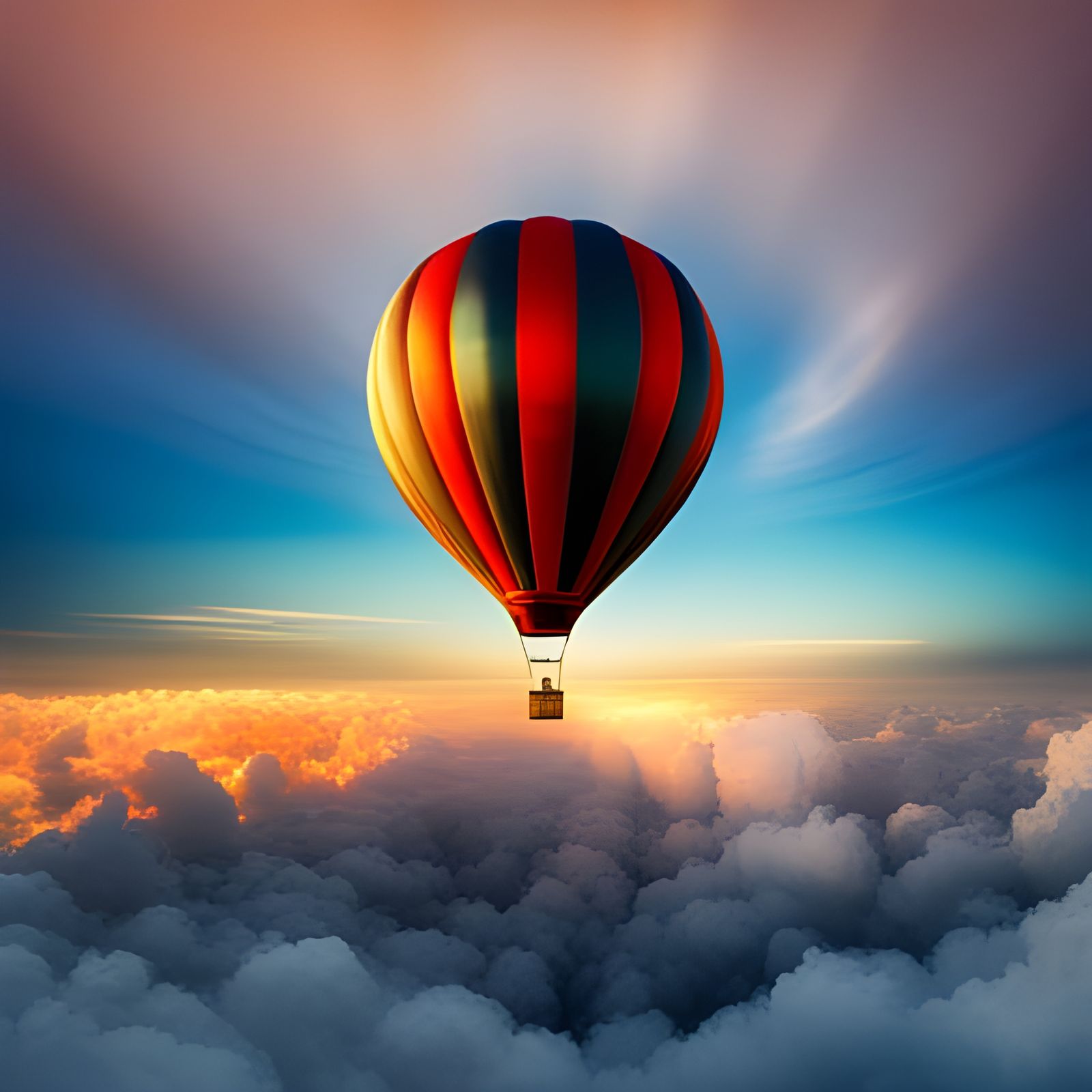 Steampunk Hot Air Balloon in Bright Blue Sky