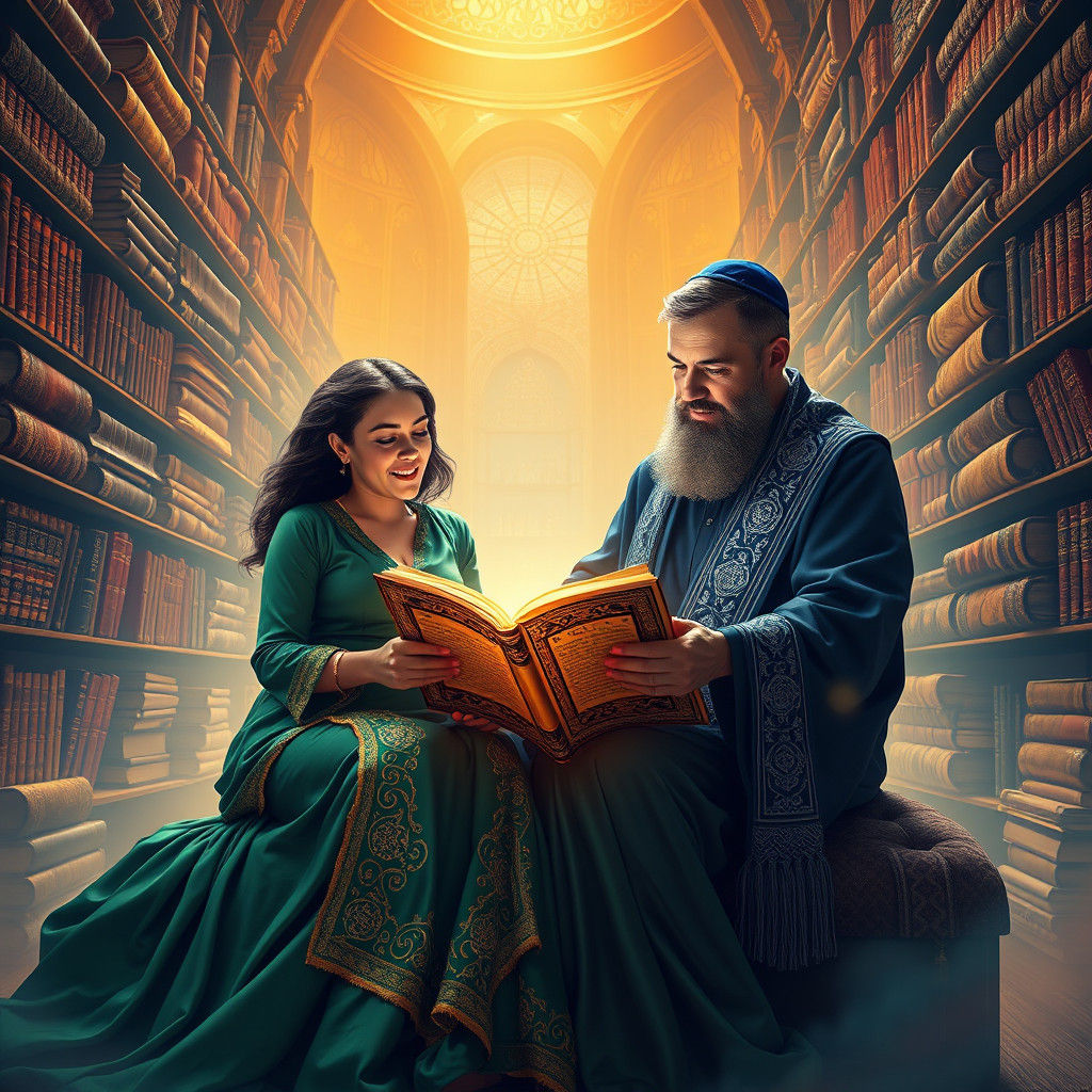 Joyful Couple Reading Torah in Mystical Library