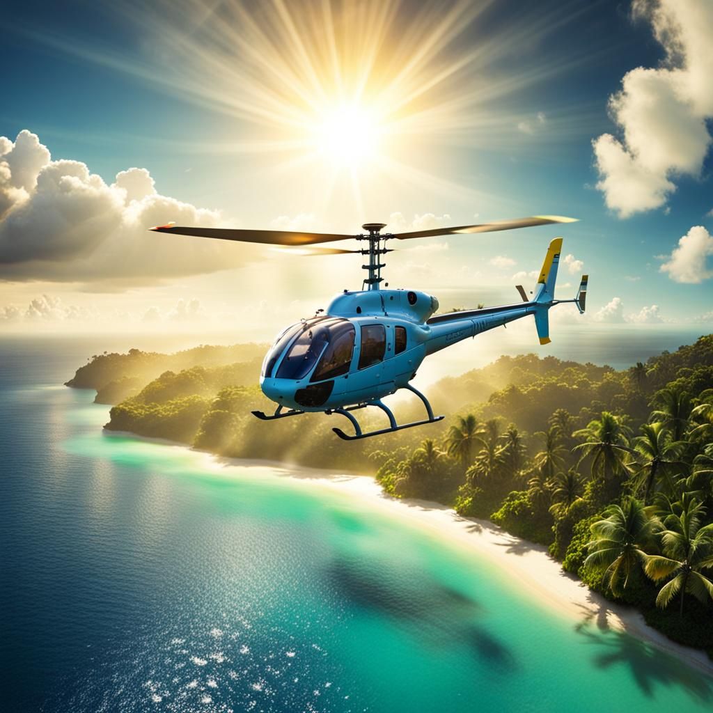 Steam Helicopter Over Tropical Island in Divine Light