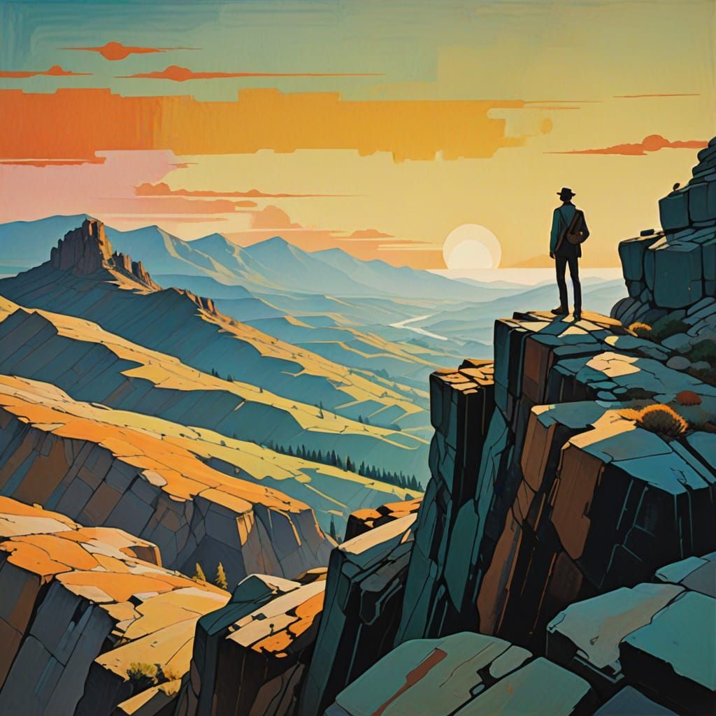Surrealist Adventurer in Golden Hour Landscape