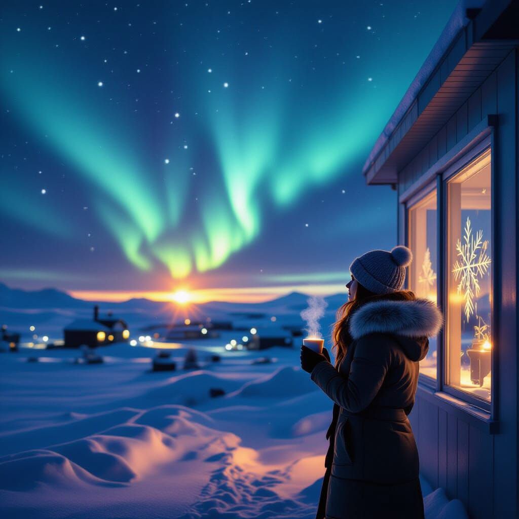 Arctic Research Station at Dawn with Northern Lights and Sun...