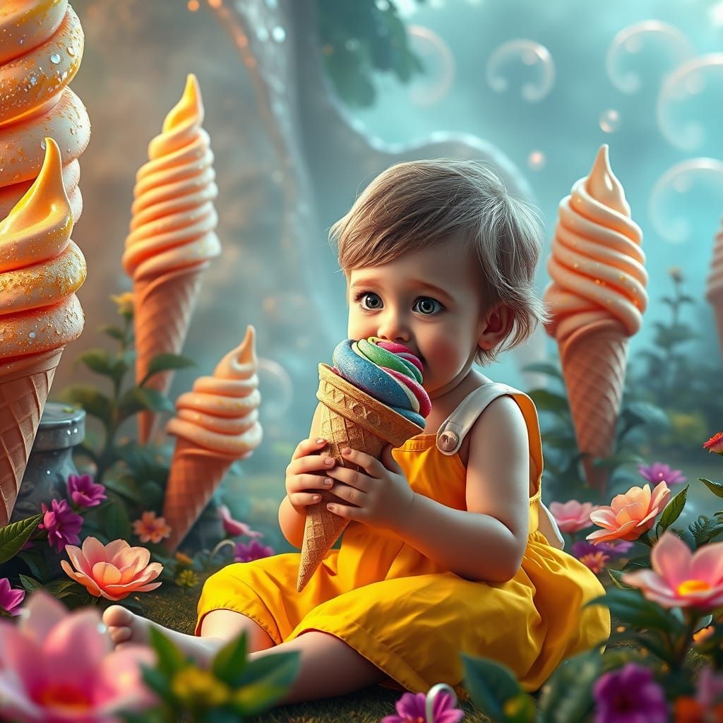Vibrant Child Delights in Enchanted Ice Cream Wonderland