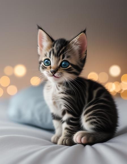 A realistic photograph intricately detailed, dynamic lighting, of a perfect picture of a sweet smiling  “newborn kitten ...