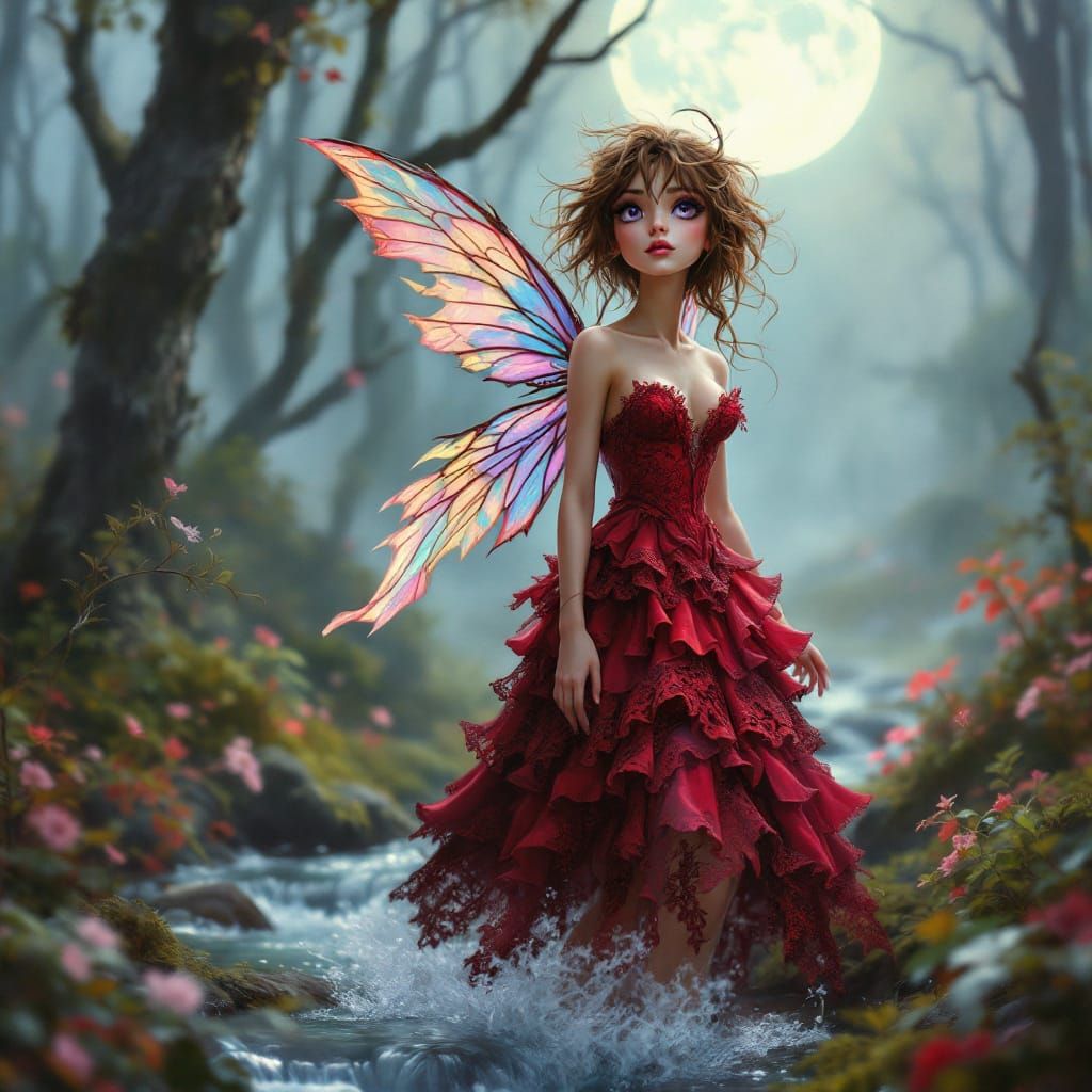 Fairy in Red Velvet Dress in Misty Forest