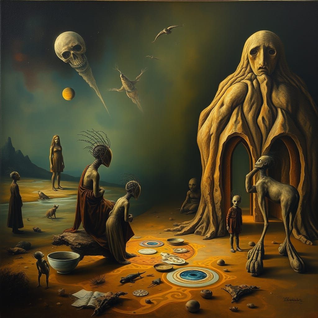 Dreamlike Encounter Between Ancients and Humans in a Surreal...