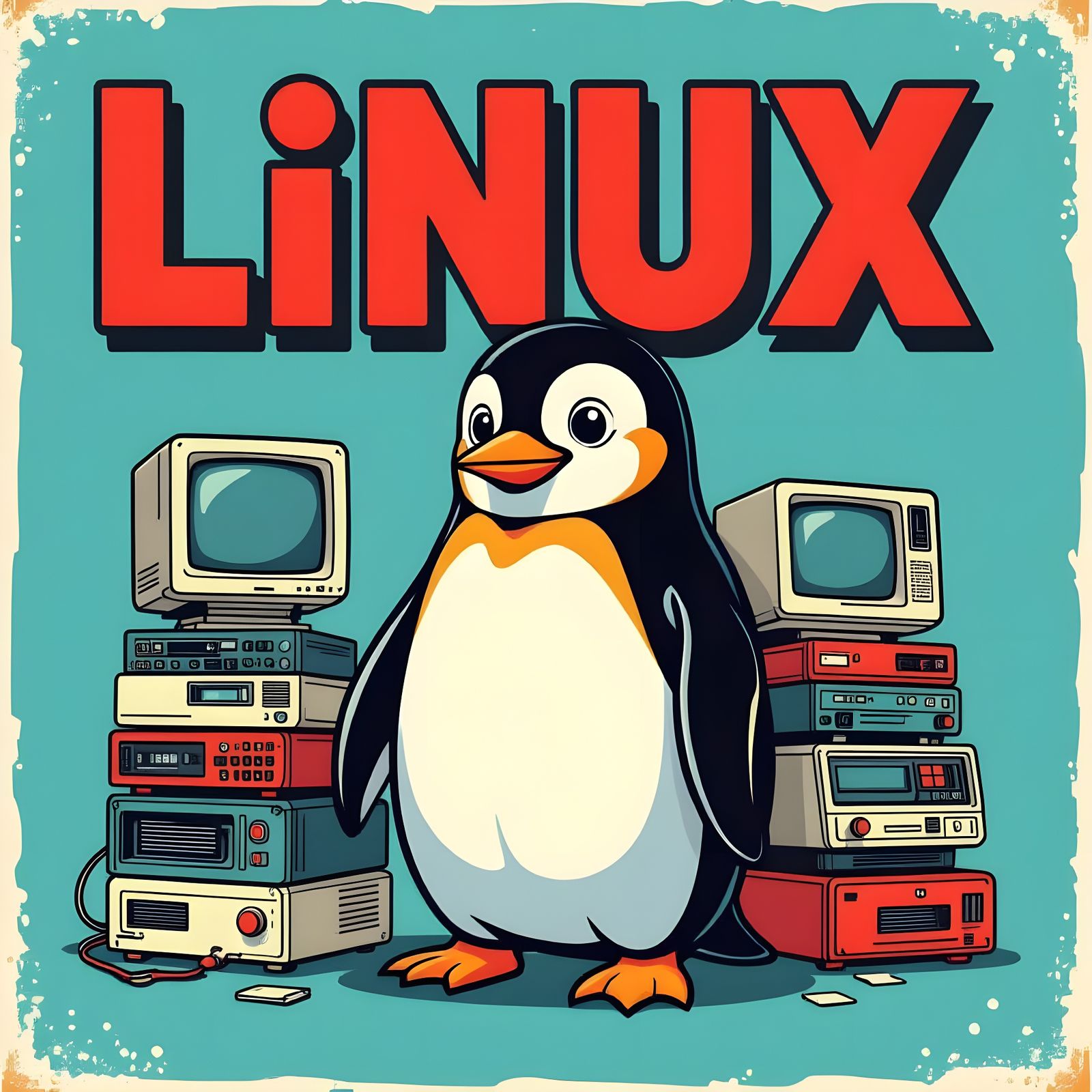 Retro Linux Penguin Poster in Vector Art Style