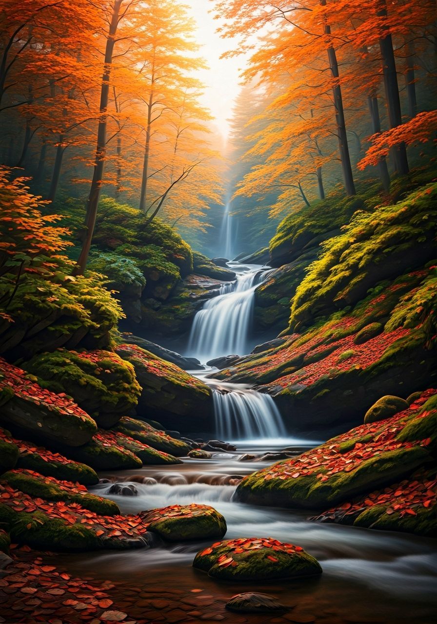 Autumn Forest Stream Waterfall in Golden Hour Light