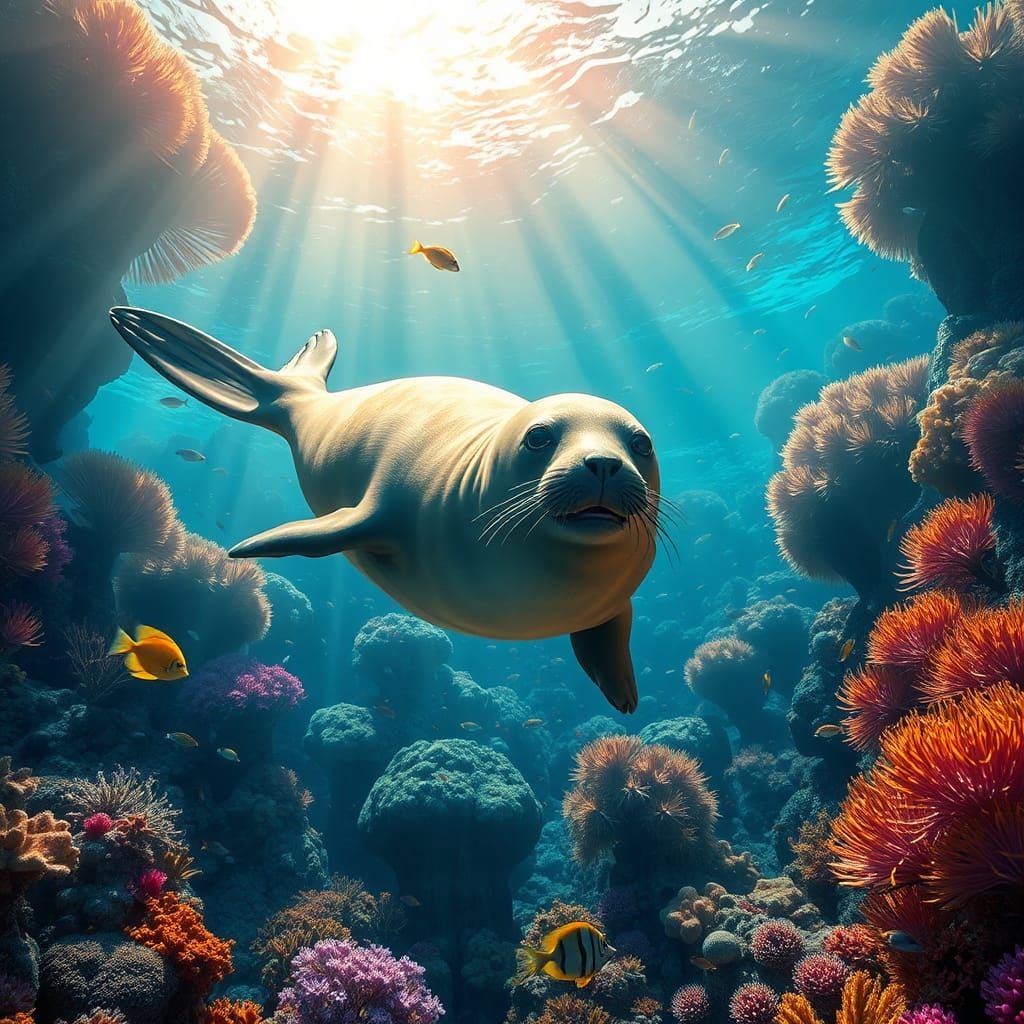 Seal in Coral Reef: Dreamlike Underwater Scene