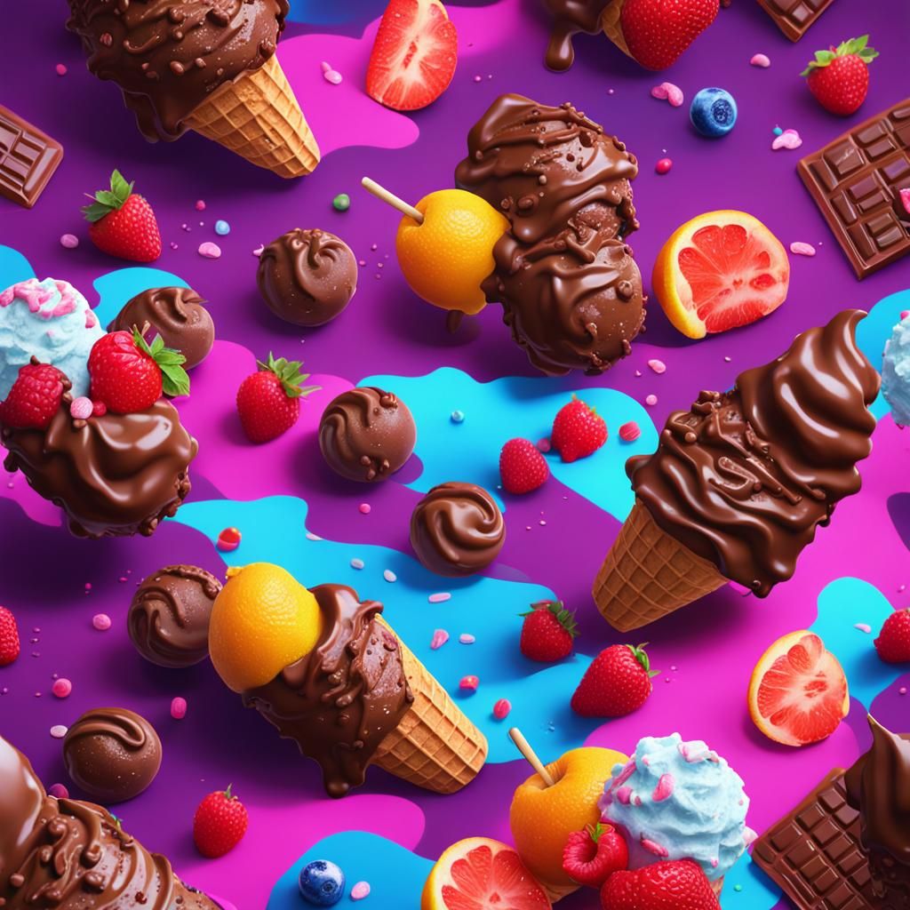 Vaporwave Chocolate Ice Cream with Fruits