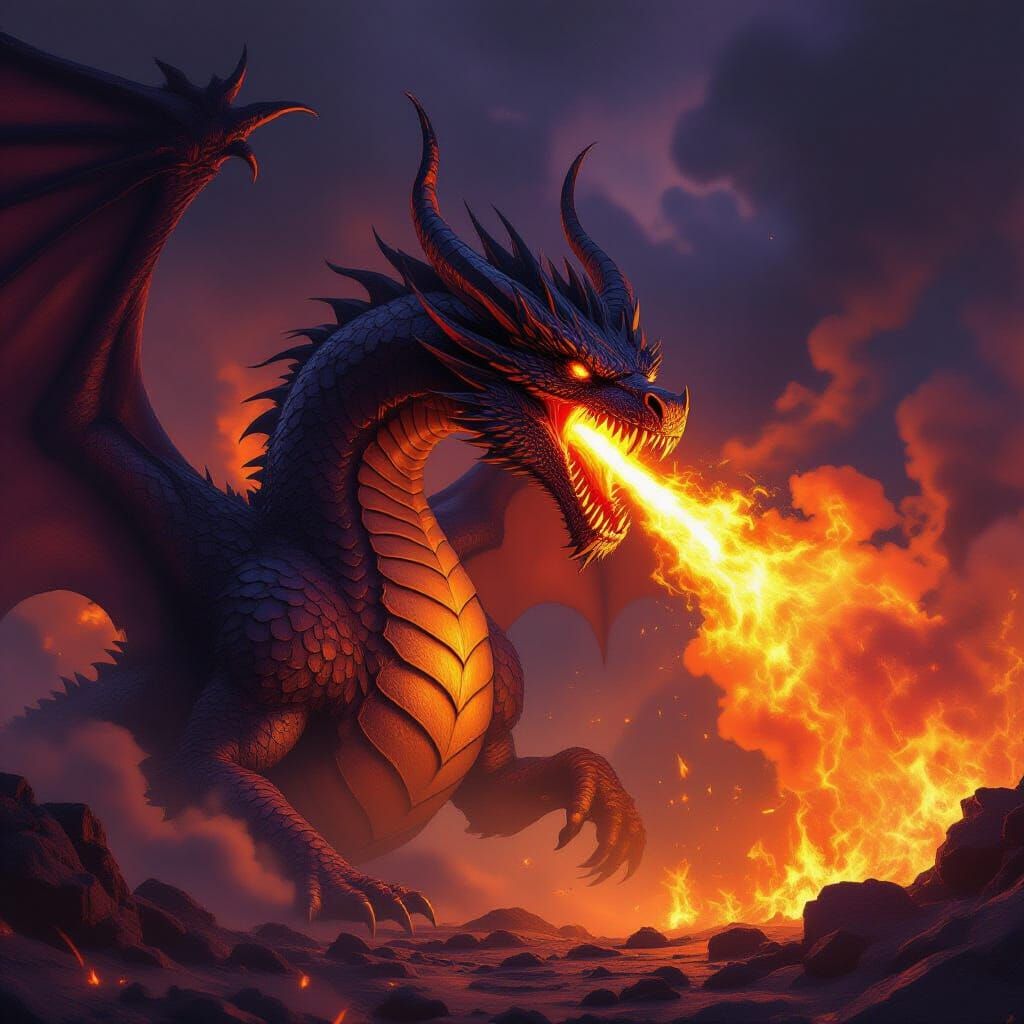 Colossal Dragon Breathing Fire in Dark Fantasy Art