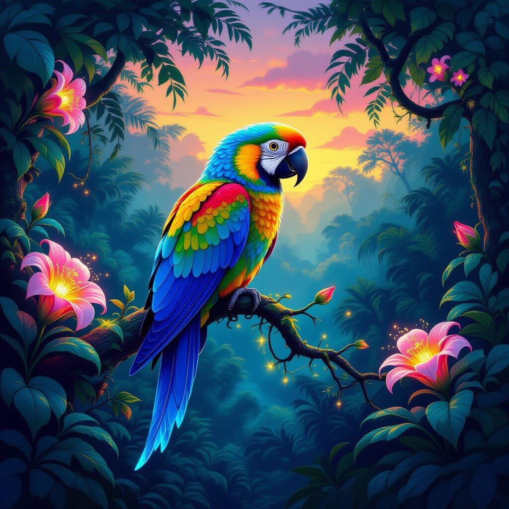 Bioluminescent Parrot in Mystical Glowing Jungle