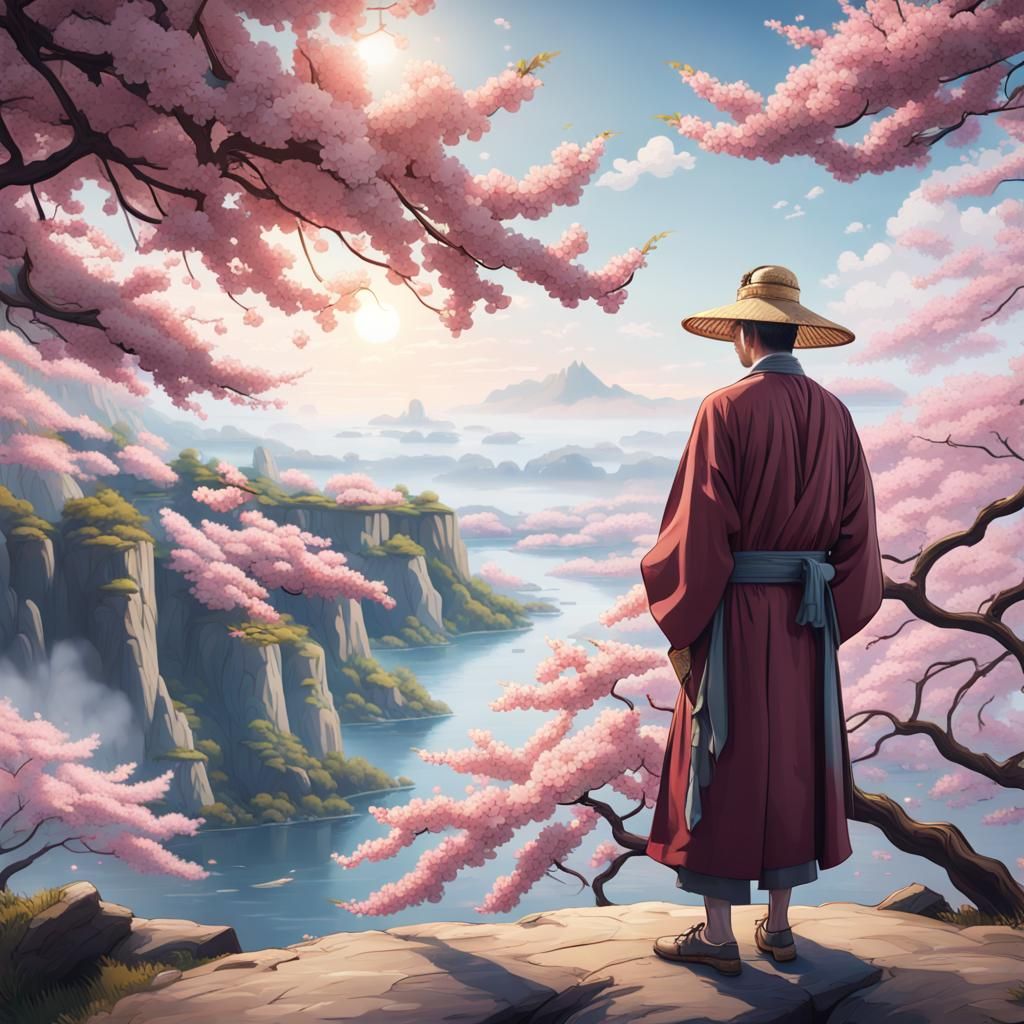 Asian Man Contemplates Cherry Blossom Horizon