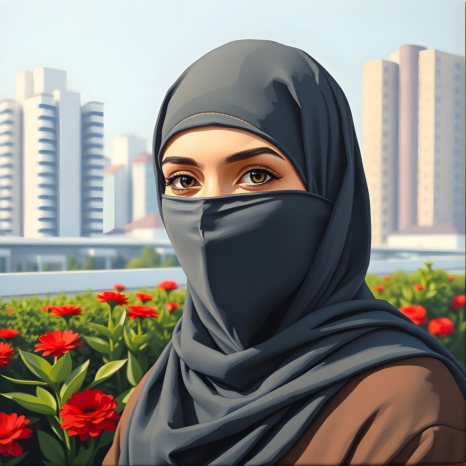 Minimalist Painting of a Niqabi Woman in a Garden City