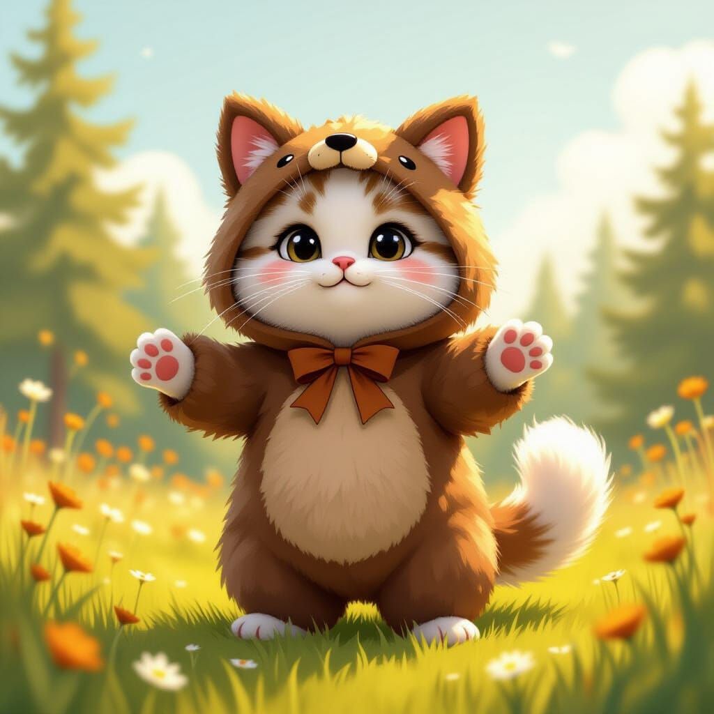 Fluffy Cat in Grizzly Bear Costume in Meadow