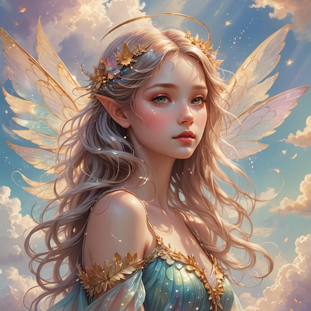 Fairy at Sky's Edge in Ethereal Pastel Art