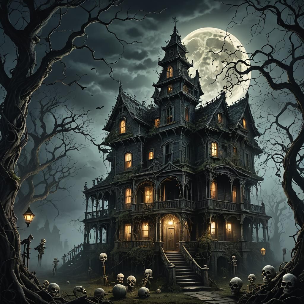 Haunted House with Full Moon in Dark Fantasy Style