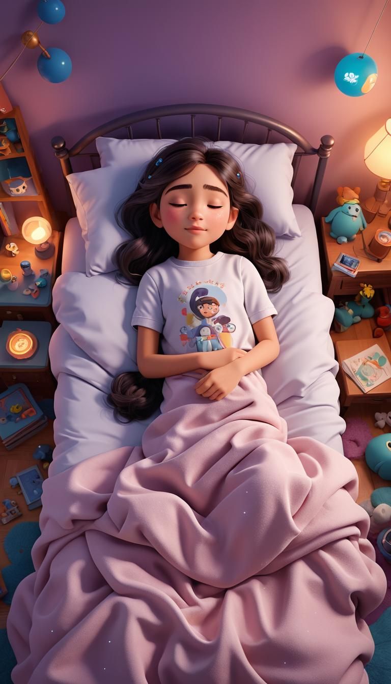 Dreaming Girl in Bed: Pixar-Style 3D Art