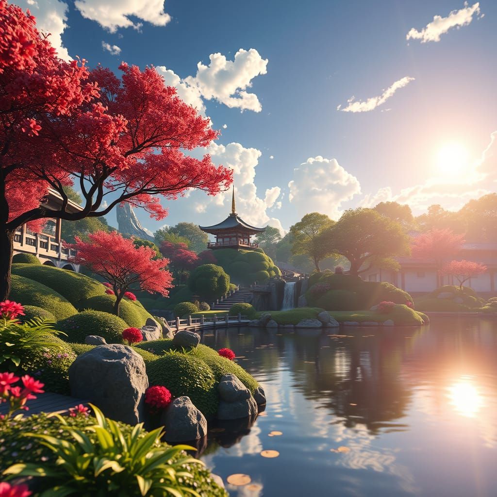 Japanese Garden in Summer Sun, Anime Style