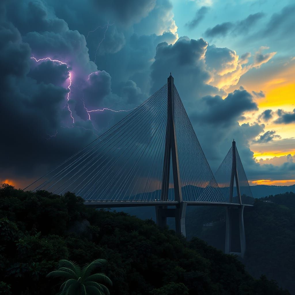 majestic, towering cable-stayed bridge spans over a lush valley, its sleek pillars rising dramatically against a stormy ...