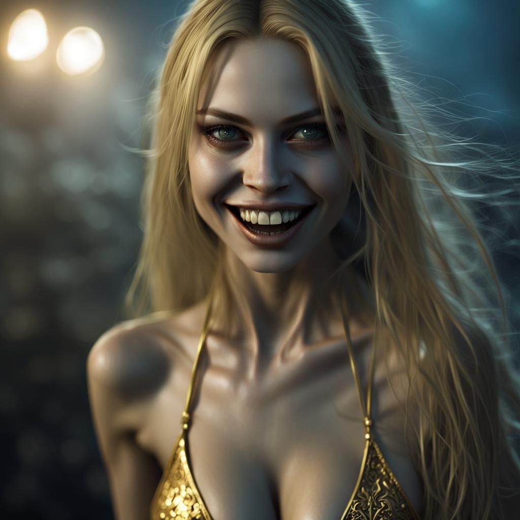 Pale Vampire Girl with White Eyes in Foggy Night