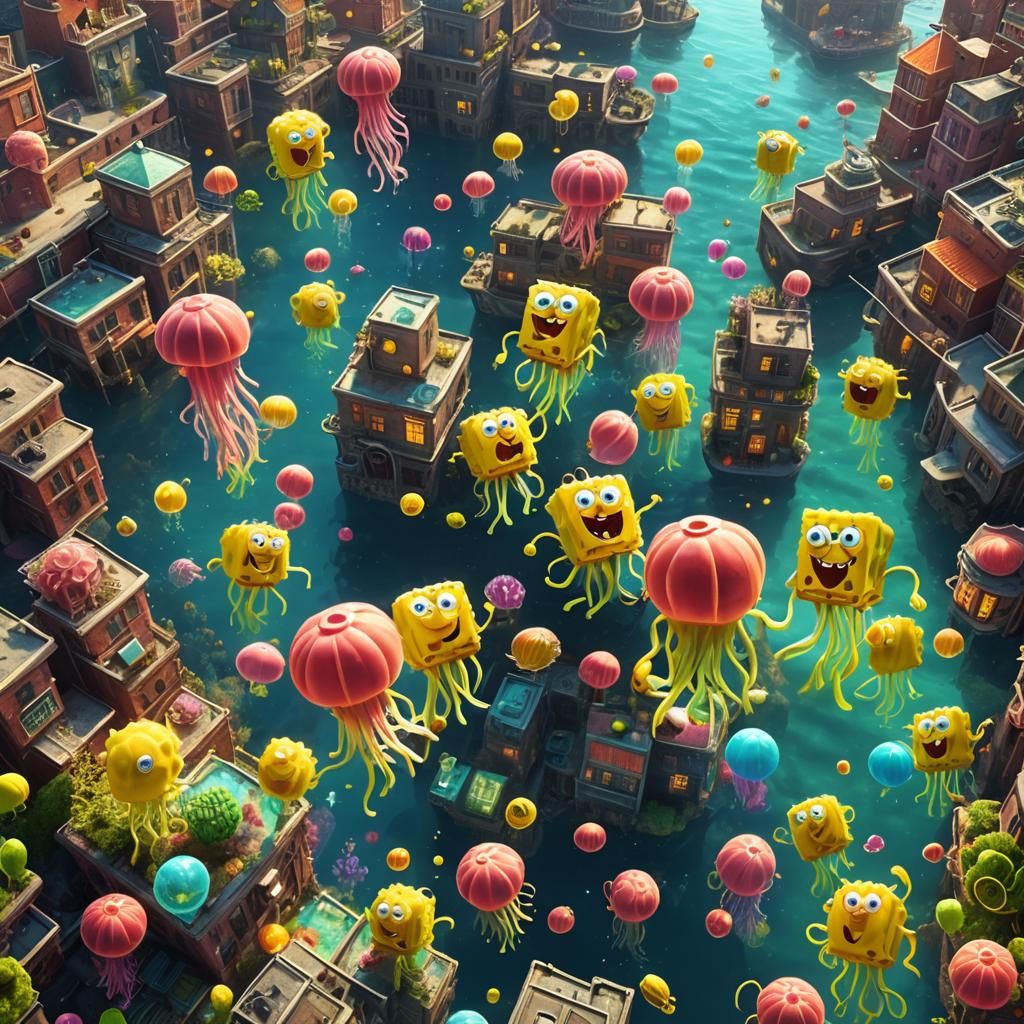 Spongebob and Patrick in Animated Underwater City