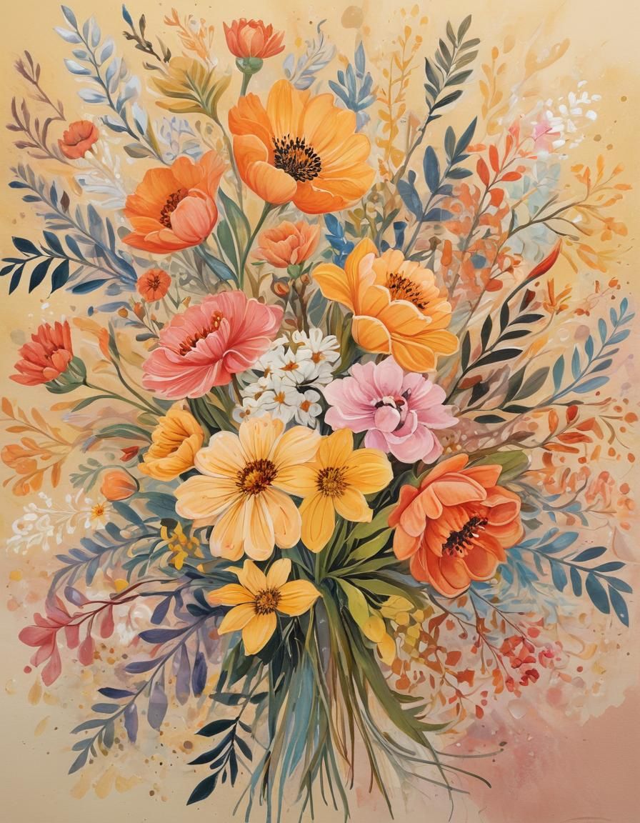 Floral Bouquet in Folk Art Gouache Watercolor