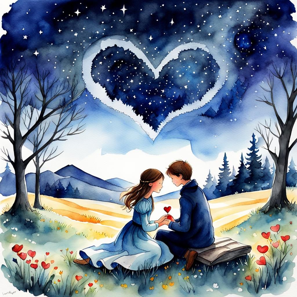 Romantic Watercolor Storybook Illustration Under Stars