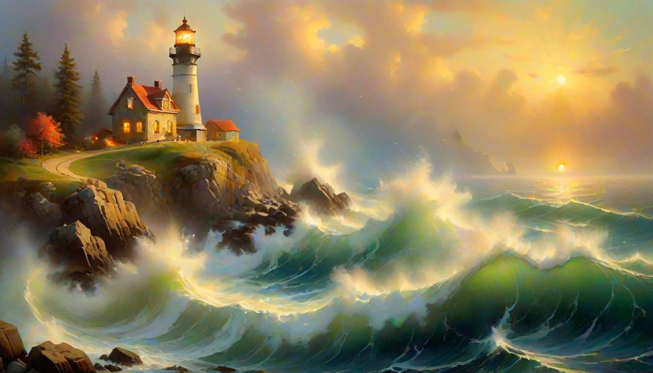 Lighthouse on Raging Sea in Ethereal Fantasy Style