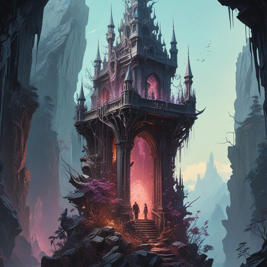 High Fantasy Crystal Tower Entrance in Watercolor Art