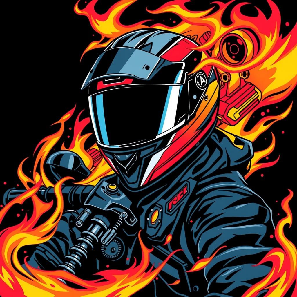 Motorcycle Helmet Surrounded by Fiery Parts in Comic Style