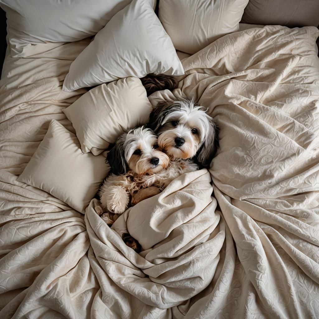 Woman Napping with Havanese Dog on Luxurious Bed