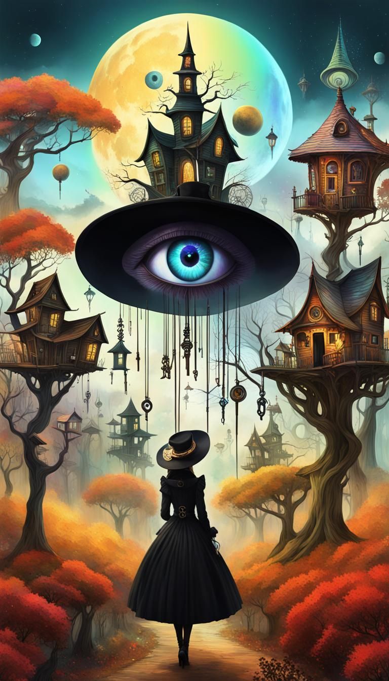 Neo-Victorian Woman in Surreal Autumn Treehouse City