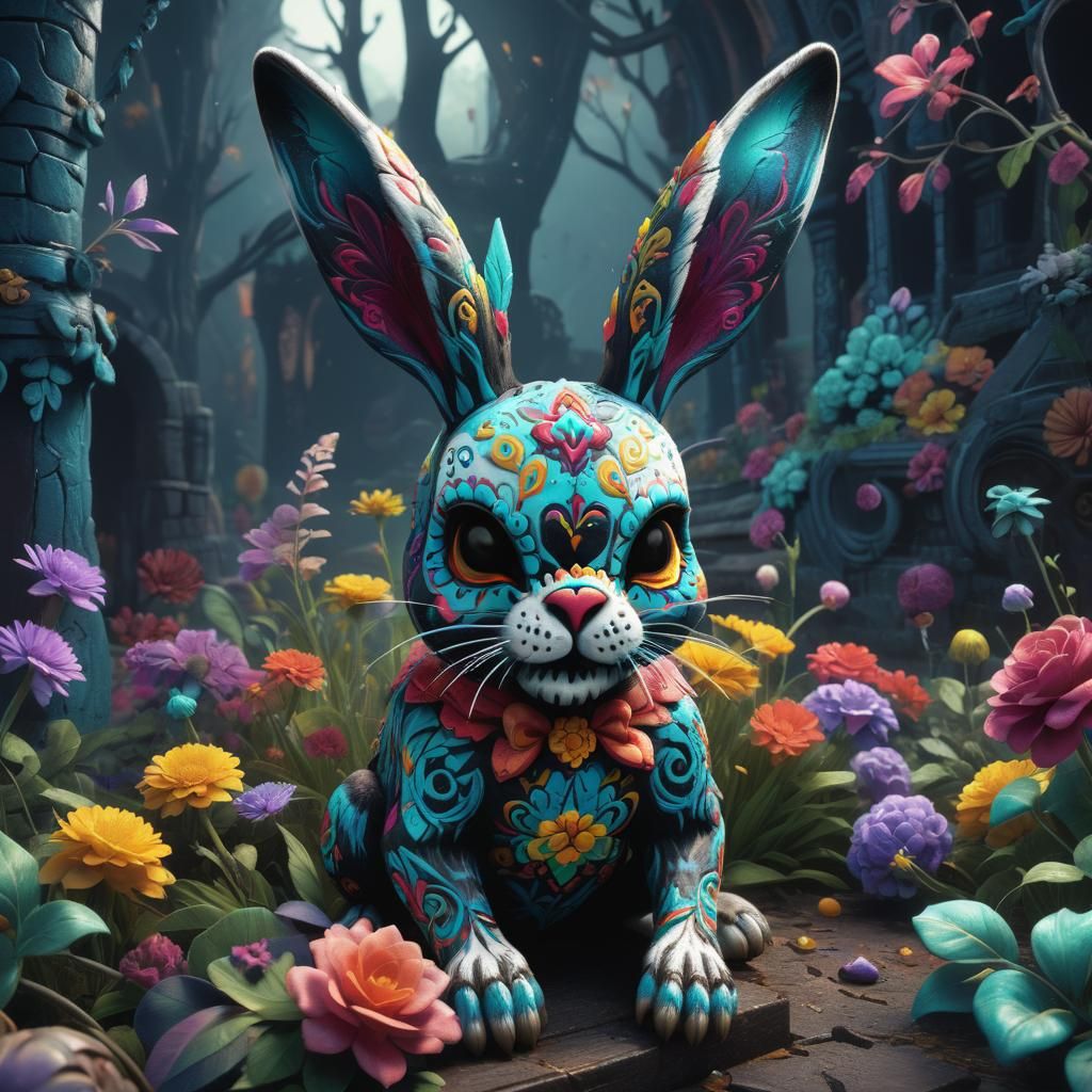 Sugar Skull Rabbit in Detailed Matte Painting