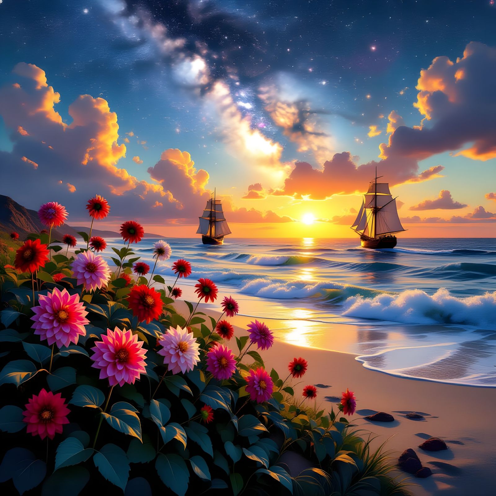 Dahlias on Beach with Sailing Ships: Digital Matte Painting