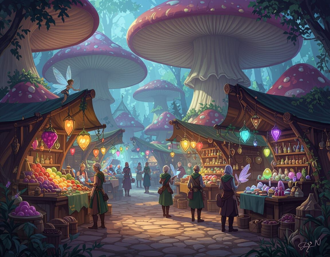 Enchanted Elven Marketplace in Storybook Style