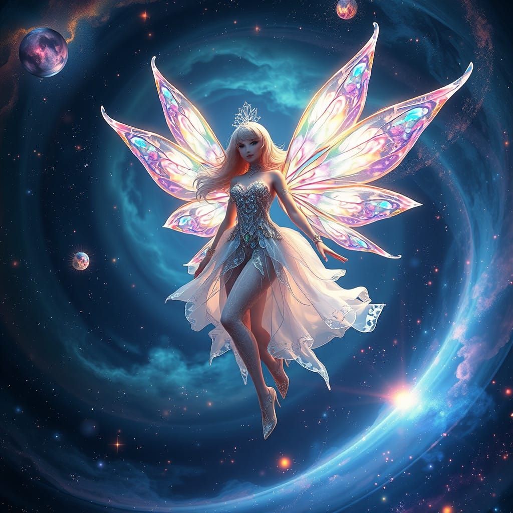 Ethereal Fairy Glows Amidst Galaxy Cosmos