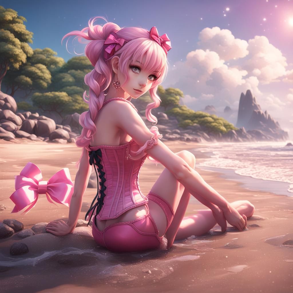 Anime Girl in Pink Swimsuit on the Beach