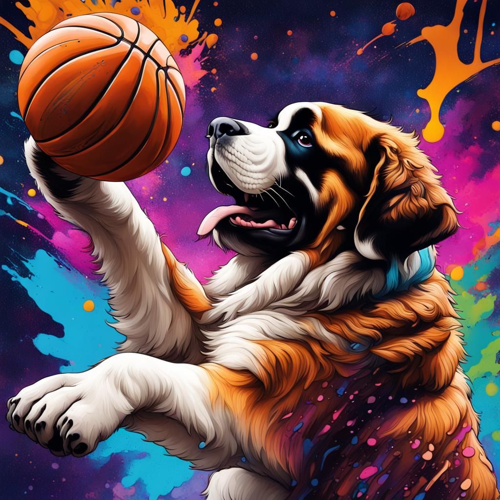 St. Bernard Slam Dunks in Galaxy, Graffiti Art