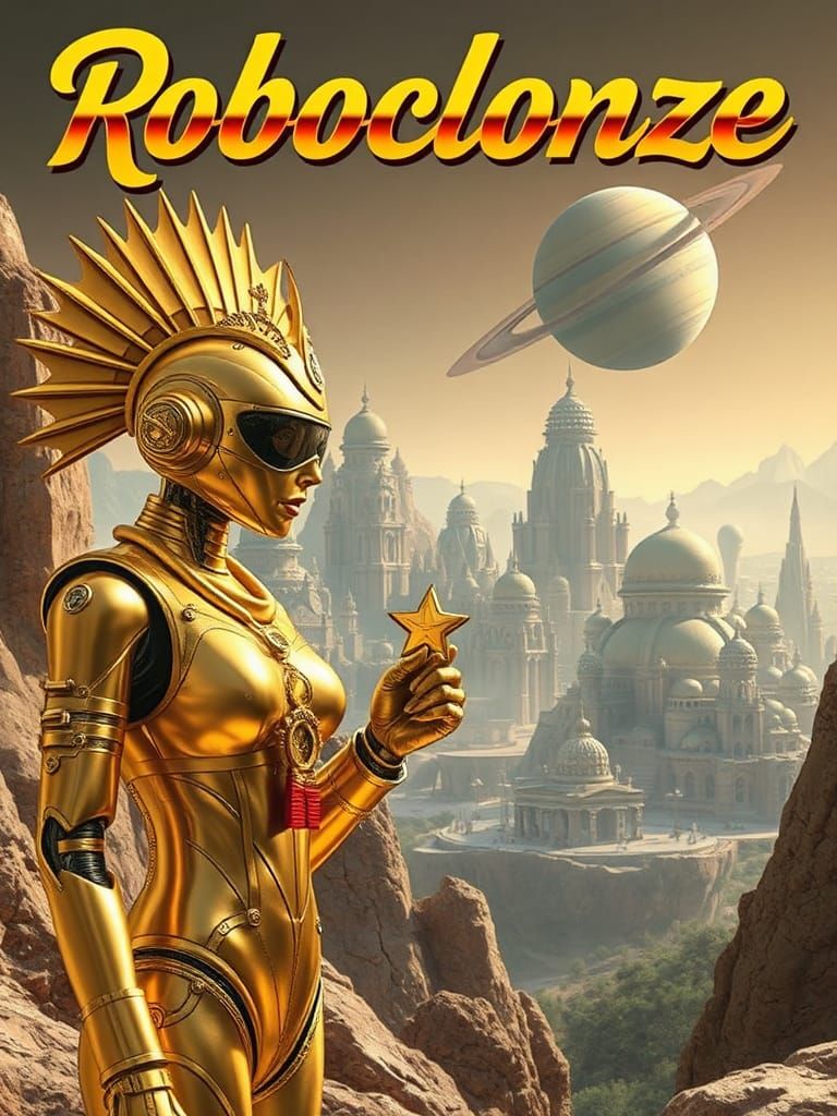 Robot Queen Awards Medal in Retro Sci-Fi Style