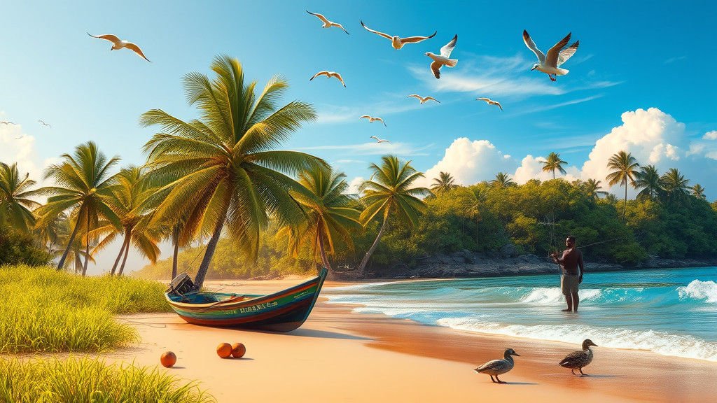 Tropical Beach Scene with Fishing Boat, Digital Art