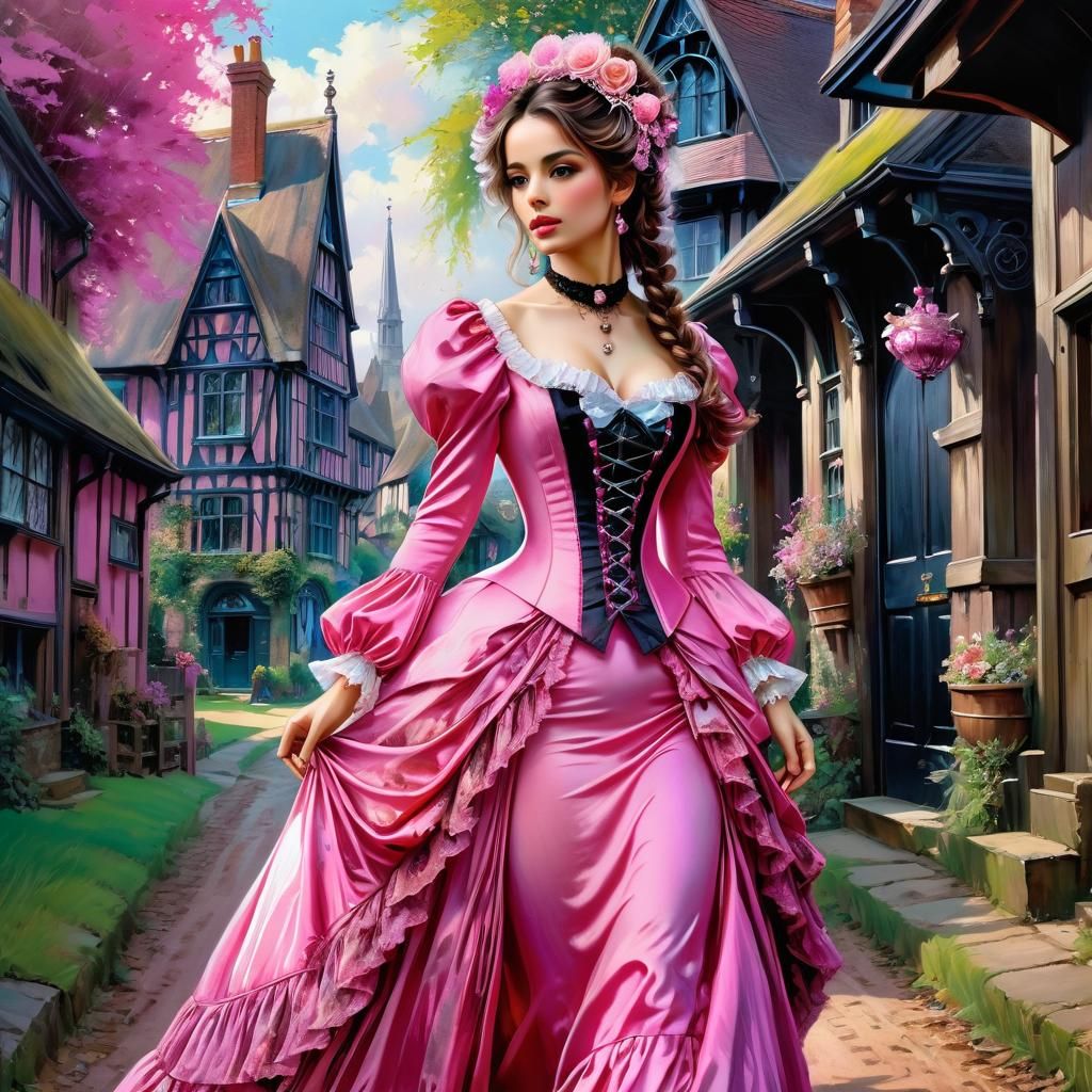 Woman in Pink Victorian Dress, Anime Style