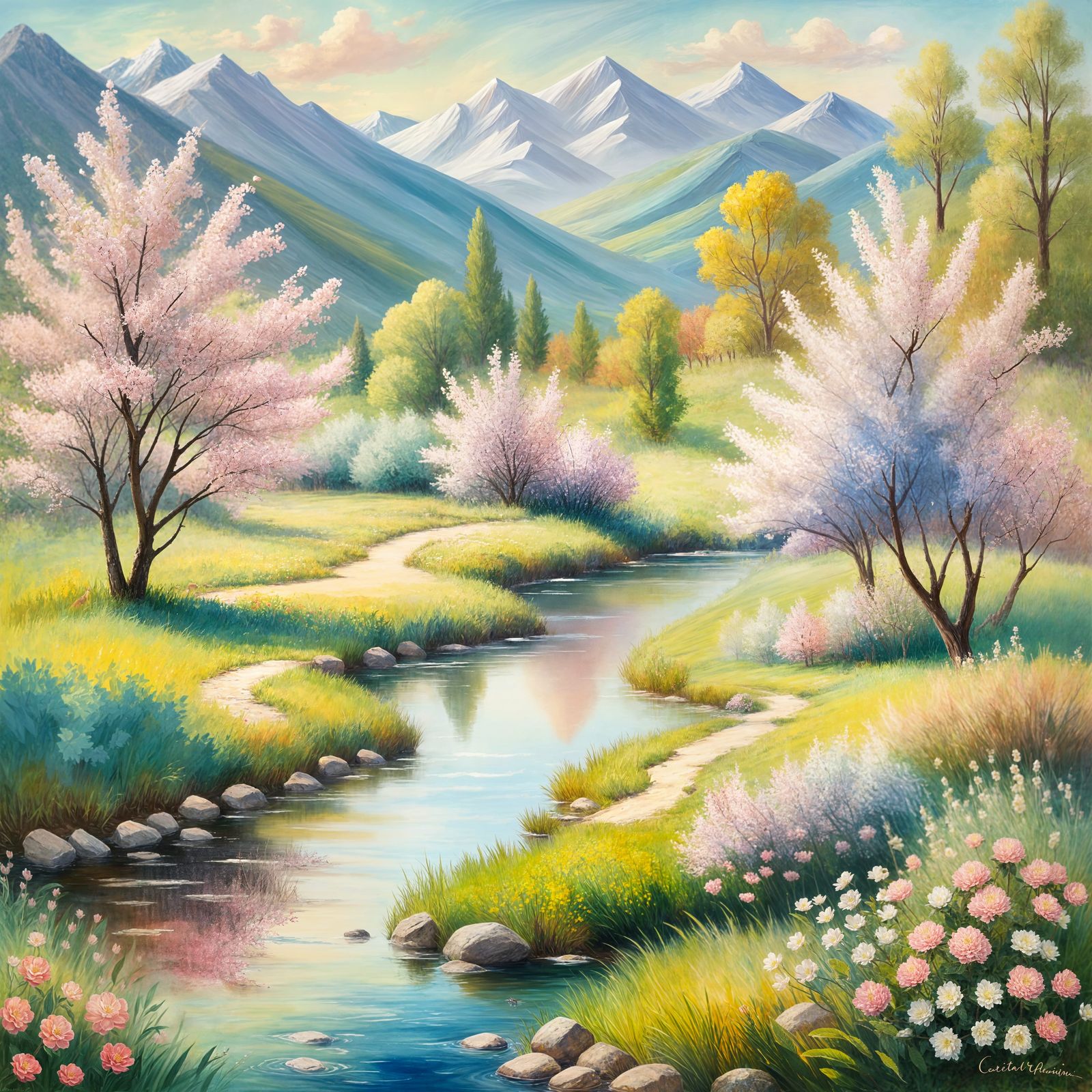 Idyllic Landscape with Apple Trees and Foxes