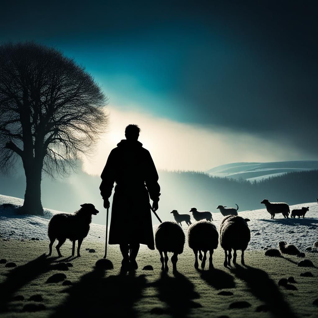 Magical Shepherd Silhouette with Snowdrops in Vivid Color
