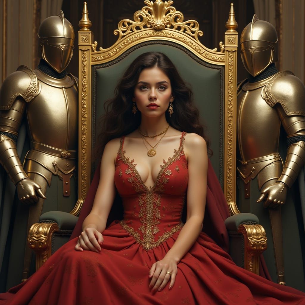 Redhead Queen on Egyptian Throne in Realistic Style