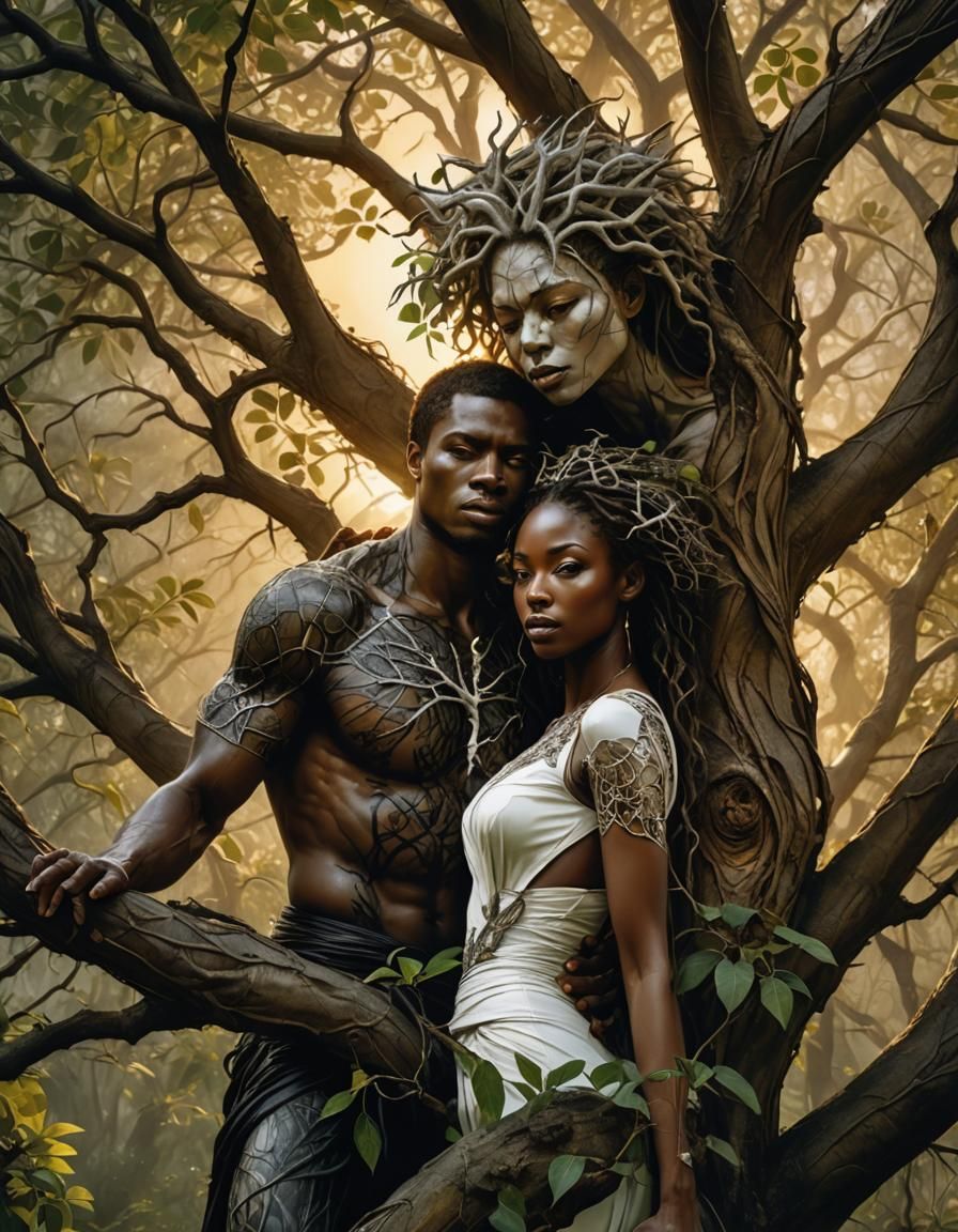 Hyperrealistic Embrace in a Gnarled Tree